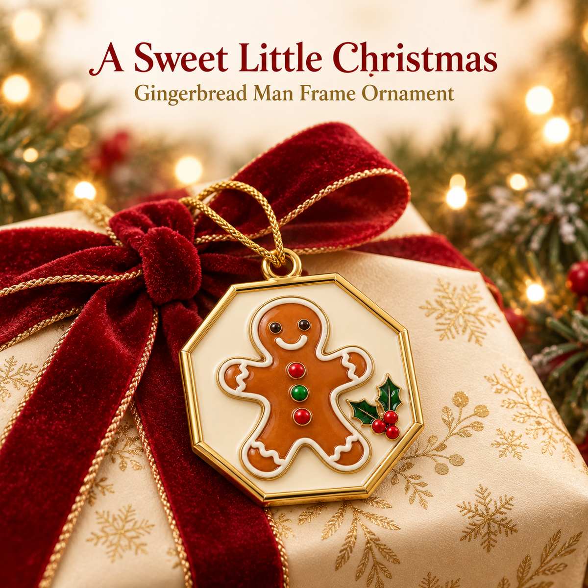 Gingerbread Man Frame Christmas Ornament with Holly Details