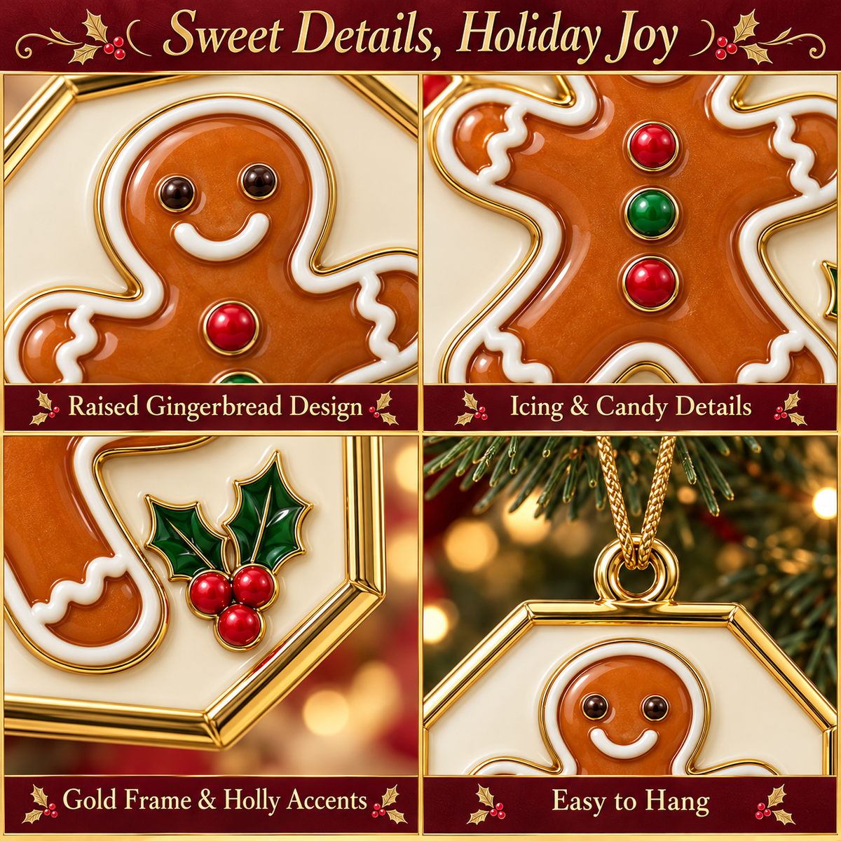 Gingerbread Man Frame Christmas Ornament with Holly Details
