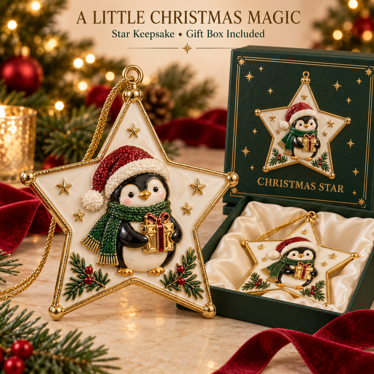Christmas Star Penguin Keepsake Ornament - Luxury Holiday Tree Decoration