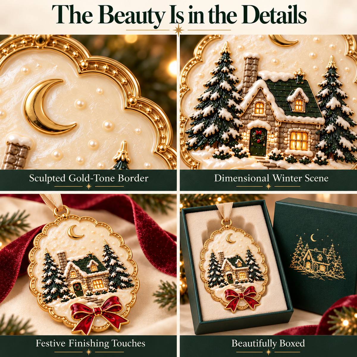 Winter Cottage Christmas Ornament - Luxury Enamel Holiday Tree Decoration