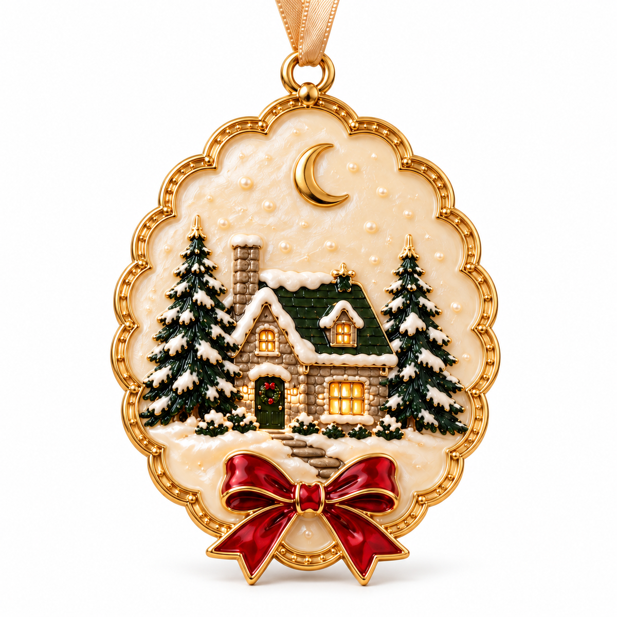 Winter Cottage Christmas Ornament - Luxury Enamel Holiday Tree Decoration