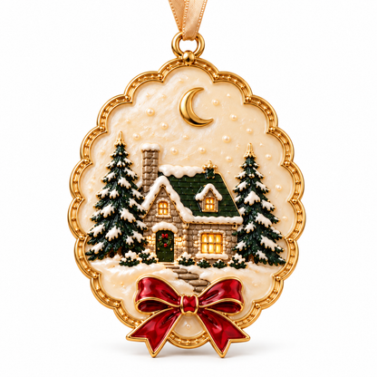 Winter Cottage Christmas Ornament - Luxury Enamel Holiday Tree Decoration