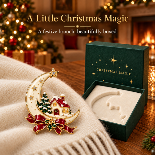 Christmas Magic Crescent Moon Brooch - Luxury Winter Cottage Keepsake Pin