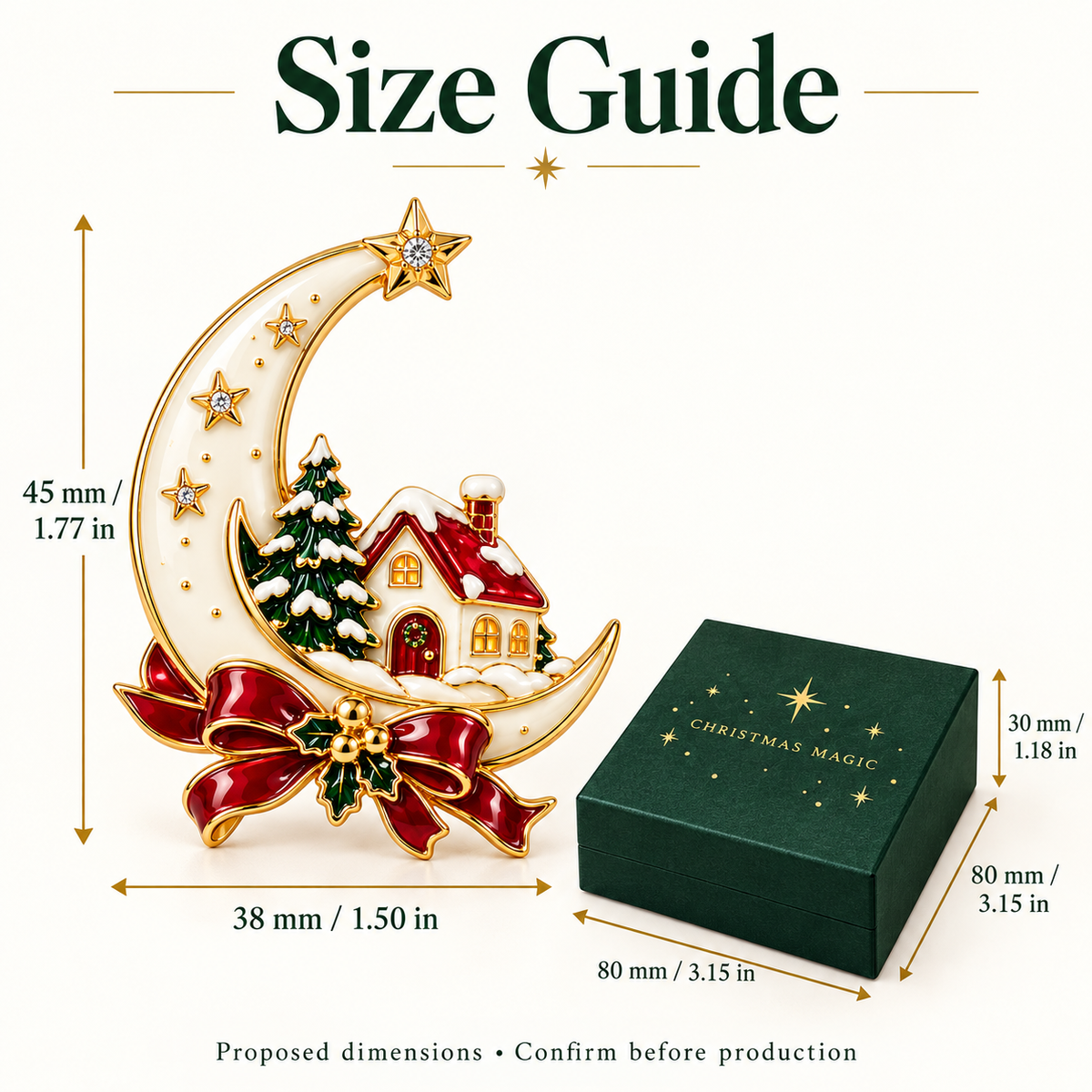 Christmas Magic Crescent Moon Brooch - Luxury Winter Cottage Keepsake Pin