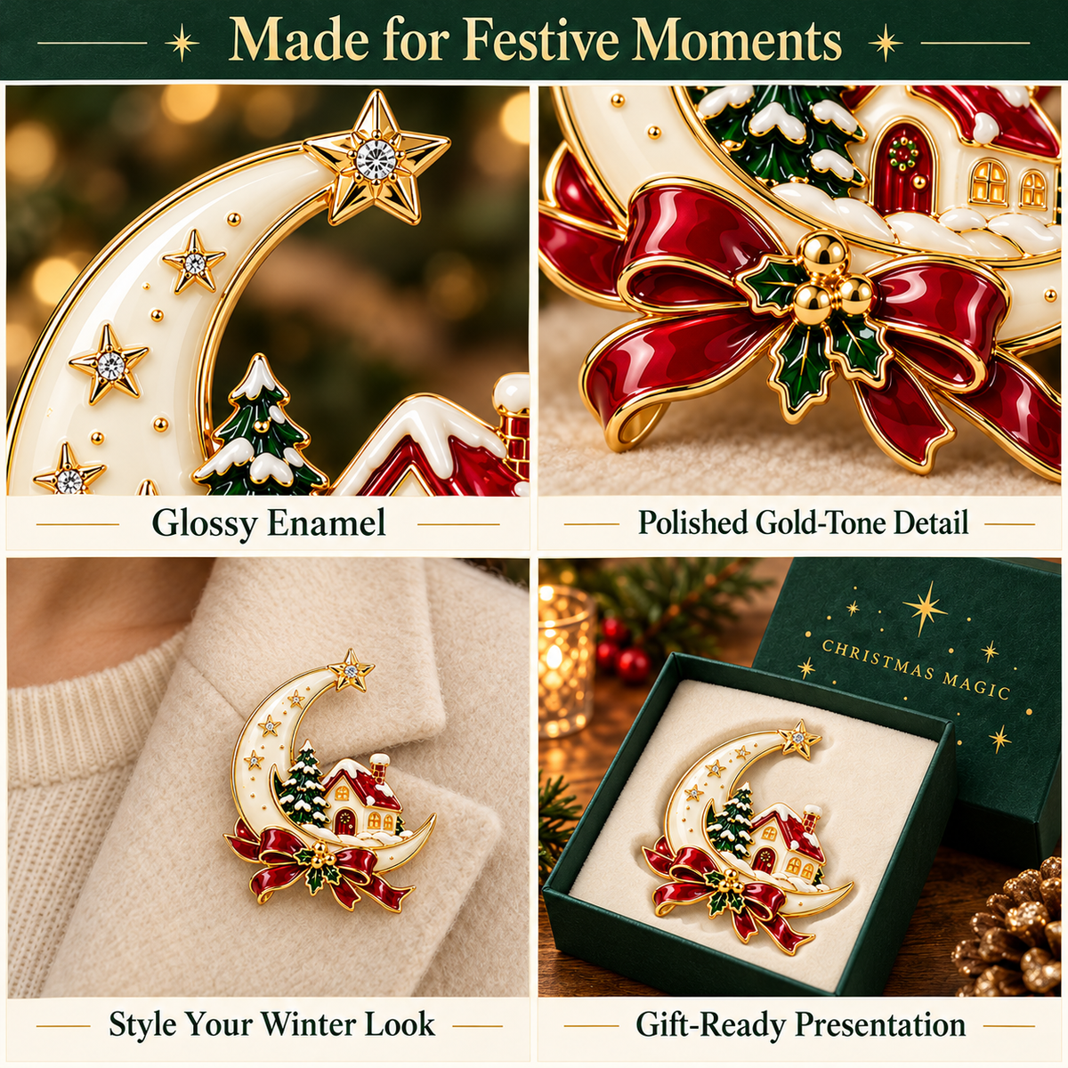 Christmas Magic Crescent Moon Brooch - Luxury Winter Cottage Keepsake Pin