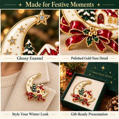 Christmas Magic Crescent Moon Brooch - Luxury Winter Cottage Keepsake Pin