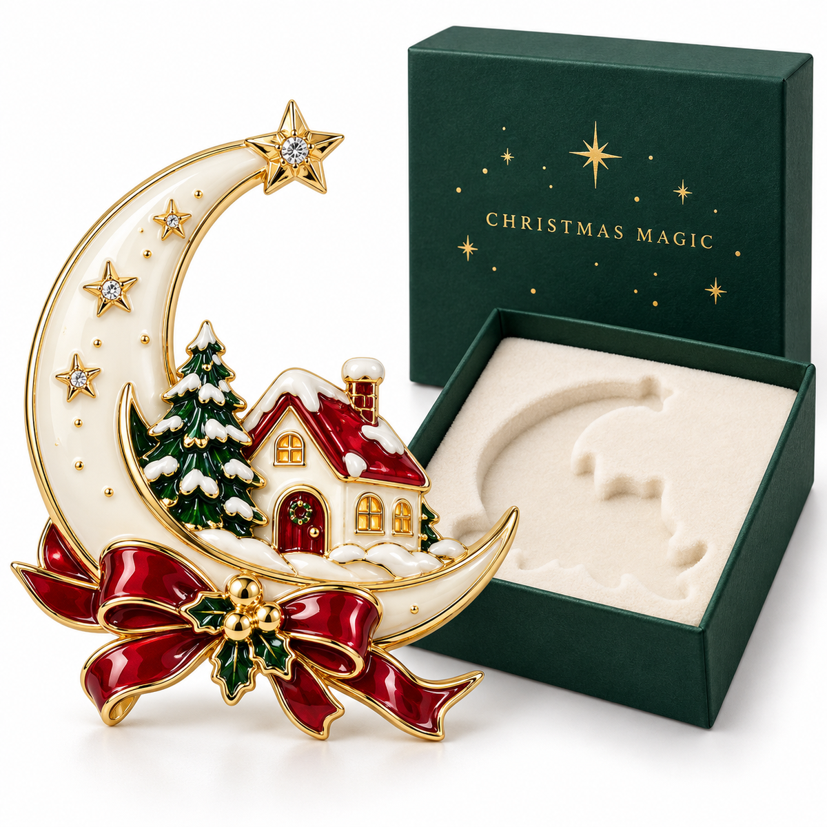 Christmas Magic Crescent Moon Brooch - Luxury Winter Cottage Keepsake Pin