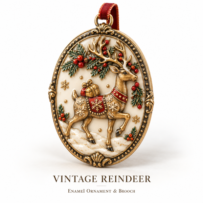 Vintage Reindeer Enamel Christmas Ornament & Brooch