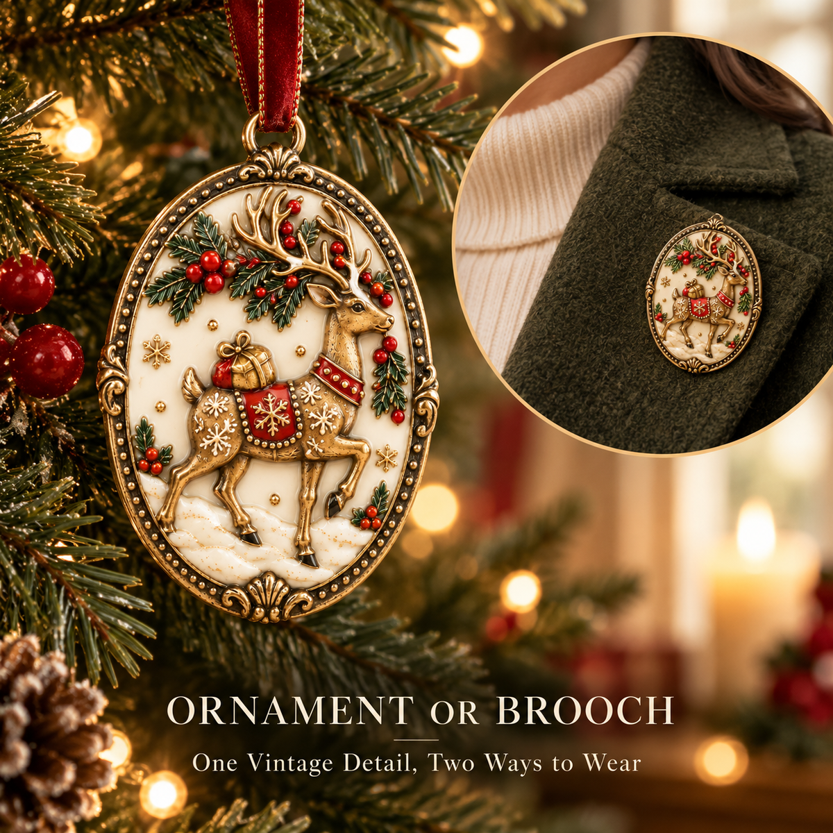 Vintage Reindeer Enamel Christmas Ornament & Brooch
