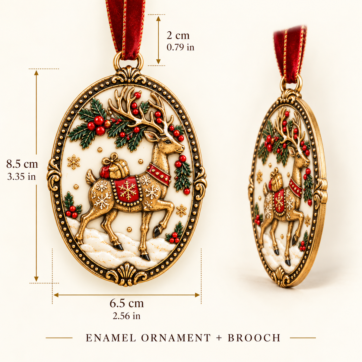 Vintage Reindeer Enamel Christmas Ornament & Brooch