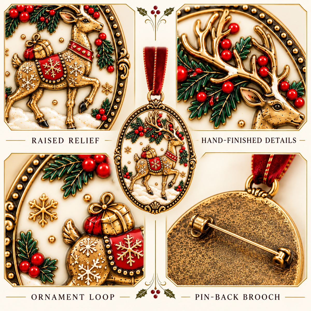 Vintage Reindeer Enamel Christmas Ornament & Brooch